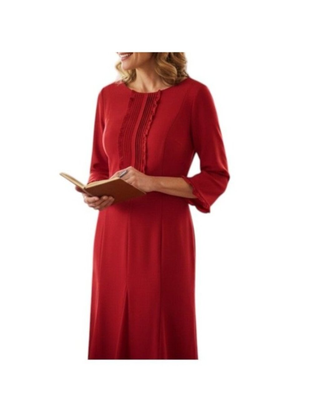 Talbots Dress Womens 6P Petite Red Ruffle Front Pleated Fit Flare 3/4 Sleeve